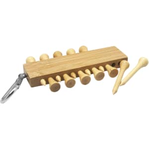 A bamboo golf tee set featuring multiple wooden tees and a clip for easy carrying.