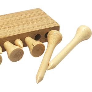 A set of bamboo golf tees in various sizes, displayed alongside a bamboo storage box. Natural colours are featured.