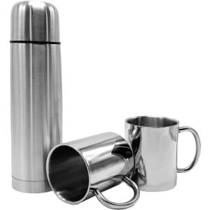 A drink bottle in silver stainless steel, accompanied by two matching mugs, all featuring a sleek design and handle.