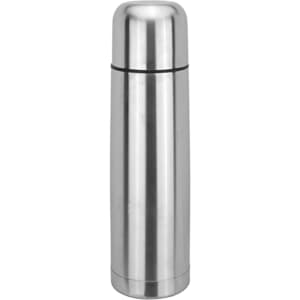 A drink bottle in stainless steel with a sleek, cylindrical design and a rounded cap, featuring a logo.
