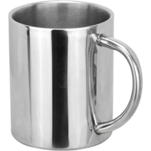 A drink bottle in stainless steel with a simple cylindrical shape and a sturdy handle. It includes branding.