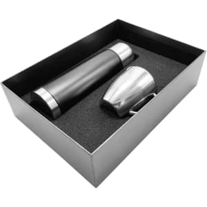 A drink bottle in black and a silver cup, both presented in a sleek gift box with foam cushioning.