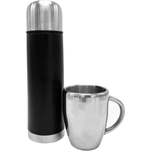 A drink bottle and a stainless steel mug in black and silver, featuring a logo on the bottle.