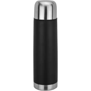 A drink bottle featuring a sleek black exterior and a silver stainless steel top. It includes a logo.