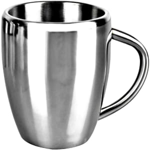 A drink bottle featuring a sleek stainless steel design with a curved body and a handle. It has a logo on it.