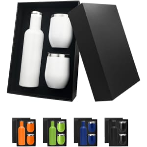 A drink bottle and two drink tumblers in a gift box, featuring white and stainless steel accents, with assorted colour options.