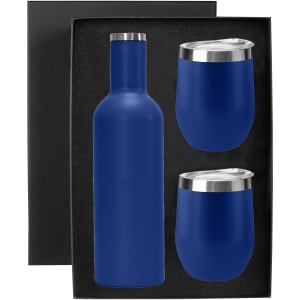 A drink bottle in blue with two matching blue cups, presented in a sleek black gift box.