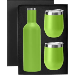 A drink bottle and two tumblers in bright green, presented in a black gift box. The bottle has a sleek design and a metal lid.