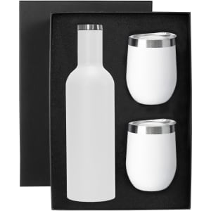 A drink bottle and two matching white drink tumblers in a black gift box, featuring metallic accents.