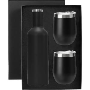 A drink bottle and two matching cups in sleek black packaging, featuring a metallic finish on the lids.