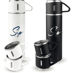 A drink bottle in white and black, with two matching cups in white and black, featuring a logo.