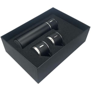 A drink bottle and two matching cups in a black gift box, featuring a sleek black design with silver accents.