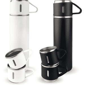 A drink bottle in matte black and white, accompanied by two matching black mugs. The set features a logo.
