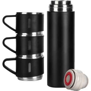 A drink bottle and three matching black mugs with stainless steel accents. Includes a lid.