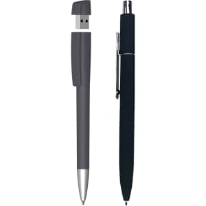 A grey USB pen and a black ballpoint pen, both with a sleek design and featuring branding.