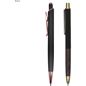 A black metal pen set featuring a sleek design with gold and rose gold accents, presented in a gift set.
