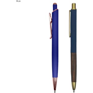 A blue metal pen set featuring a stylish pen with a copper clip and another with a wooden accent. Includes branding.