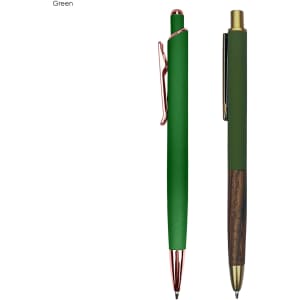 A green metal pen gift set with a wooden accent, featuring two stylish pens and a logo.