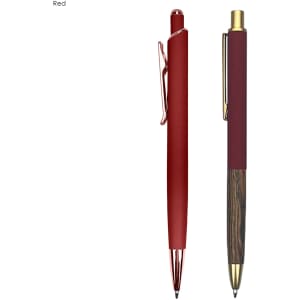 A set of two metal pens with a deep red finish and one featuring a wooden accent. A logo is visible.