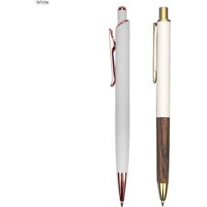 A metal pen gift set featuring a white pen with rose gold accents and a white and wood-toned pen.