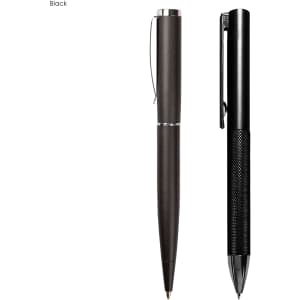 A sleek black metal pen gift set featuring two pens with different designs. Each pen has a clip and a logo.