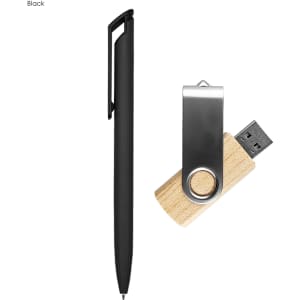 A black pen and a wooden USB drive with a silver clip, featuring a logo.