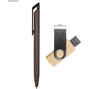 A dark brown pen and a wooden USB drive. The USB has a metal swivel cover. Both items feature branding.