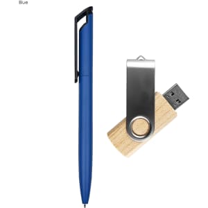 A blue pen and a wooden USB drive with a metal clip, presented in a simple layout.