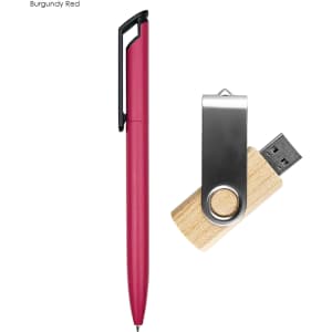 A burgundy red pen and a wooden USB drive with a metal clip, featuring a logo.