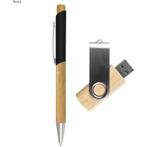 A bamboo pen with a black grip and a wooden USB flash drive. The set has a sleek, natural design.
