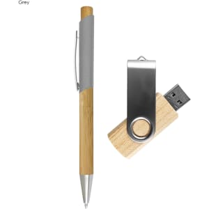 A sleek grey pen with a bamboo accent and a silver USB flash drive with a bamboo casing, both featuring branding.