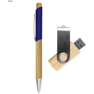 A blue and wooden pen alongside a wooden USB flash drive with a silver clip.