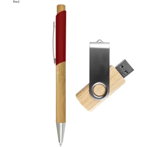 A red and bamboo pen alongside a wooden USB flash drive with a metal clip.