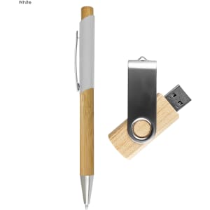 A bamboo pen and a wooden USB drive with a metallic clip, both presented in a sleek design.