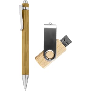 A bamboo pen and wooden USB drive in a gift set, featuring silver accents. The set has a natural colour palette.