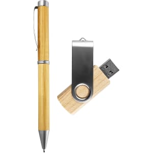 A bamboo pen and a wooden USB drive with a silver clip, both featuring a sleek design.