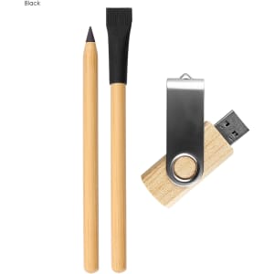 A bamboo pencil, a bamboo stylus, and a metal USB drive in a wooden casing. All items are predominantly natural tones.