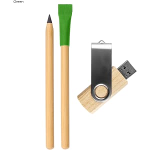 A bamboo pencil, green highlighter, and a wooden USB drive, featuring a metal clip.