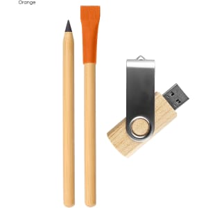 A set of eco-friendly office supplies including a wooden pencil, an orange-coloured highlighter, and a USB drive with a metal clip.