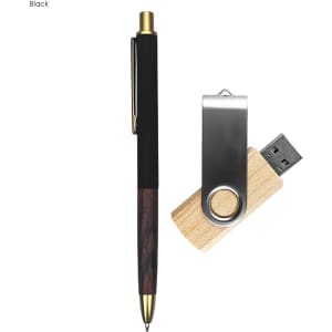 A black pen with a wooden grip and a silver USB flash drive with a wooden casing. Features branding.