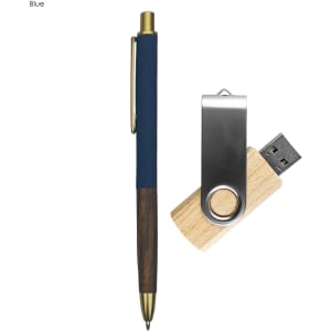 A navy pen with a wooden barrel and a wooden USB flash drive with a silver clip. Both feature branding.