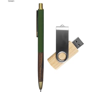 A green pen with wooden accents and a wooden USB flash drive with a metal clip, featuring a logo.