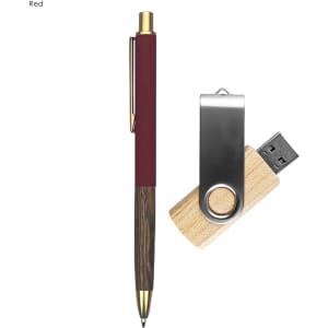 A burgundy pen and a wooden USB drive with a silver clip are featured in the Woodee Gift Set.