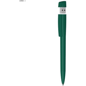 A green pen with a USB tip, featuring a sleek design and a built-in logo.