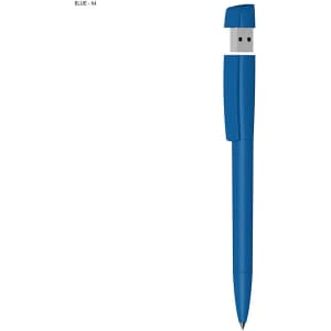 A blue pen with a USB cap, featuring a logo. Ideal for office and business use.