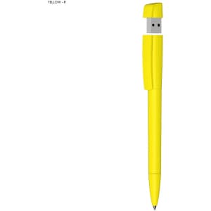 A yellow pen with a USB flash drive cap, featuring a sleek design and a logo.