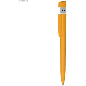 An orange pen with a USB drive integrated into the cap. It features a logo on the body.