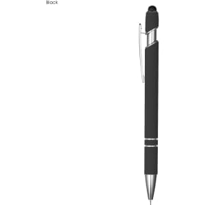 A black pen with a silver clip and accents, featuring a stylus tip and sleek design.
