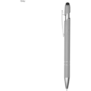 A grey pen with a clip and a stylus tip. Includes branding on the body.