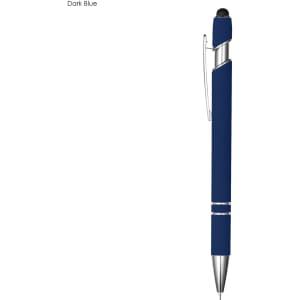 A dark blue pen with a silver clip and accents, featuring a stylus tip on the end. It has a sleek design.
